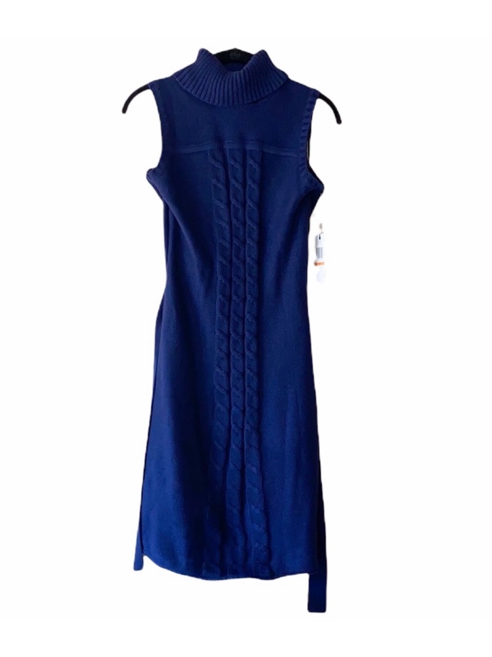 Calvin Klein Sleeveless Cable-Knit High Neck Midi Sweater Dress in Navy Blue